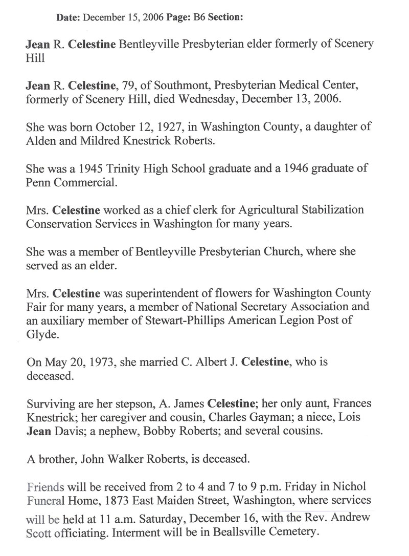 Jean Celestine obituary